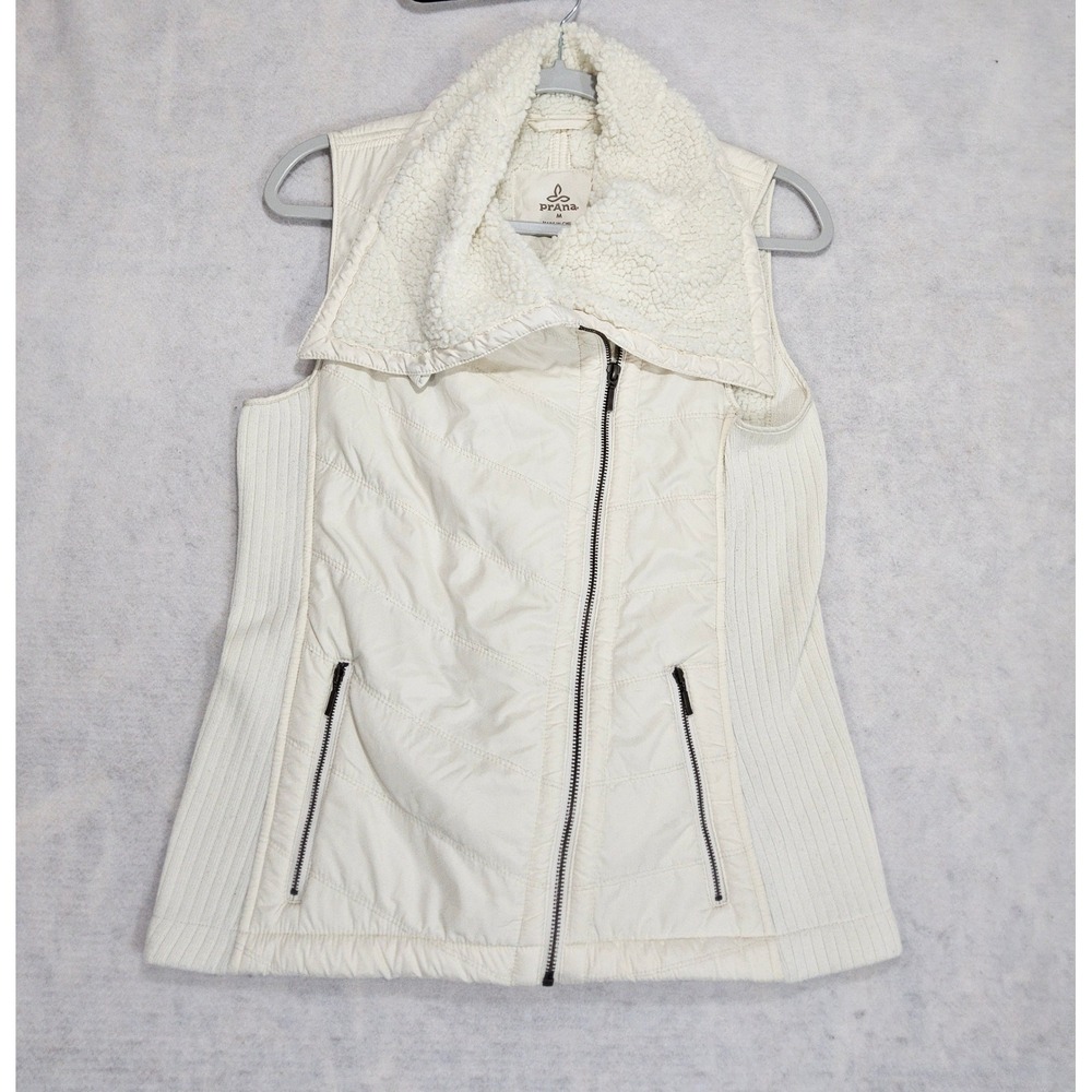 prAna Puffer Vest Women M Diva Quilted Asymmetrical Full Zip Sherpa Lined White
